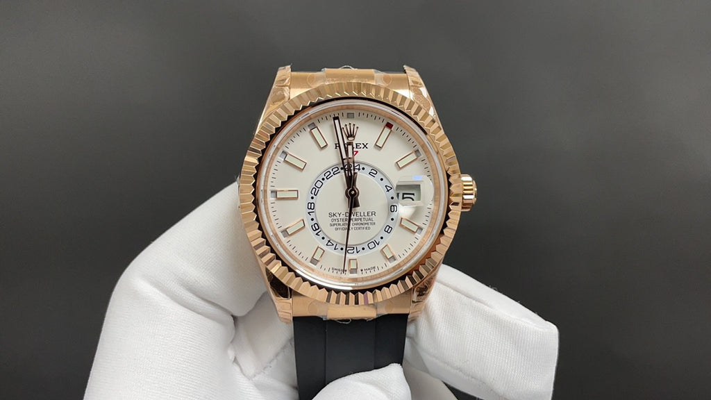 Sky-Dweller rose goud met zwarte Oysterflex-band