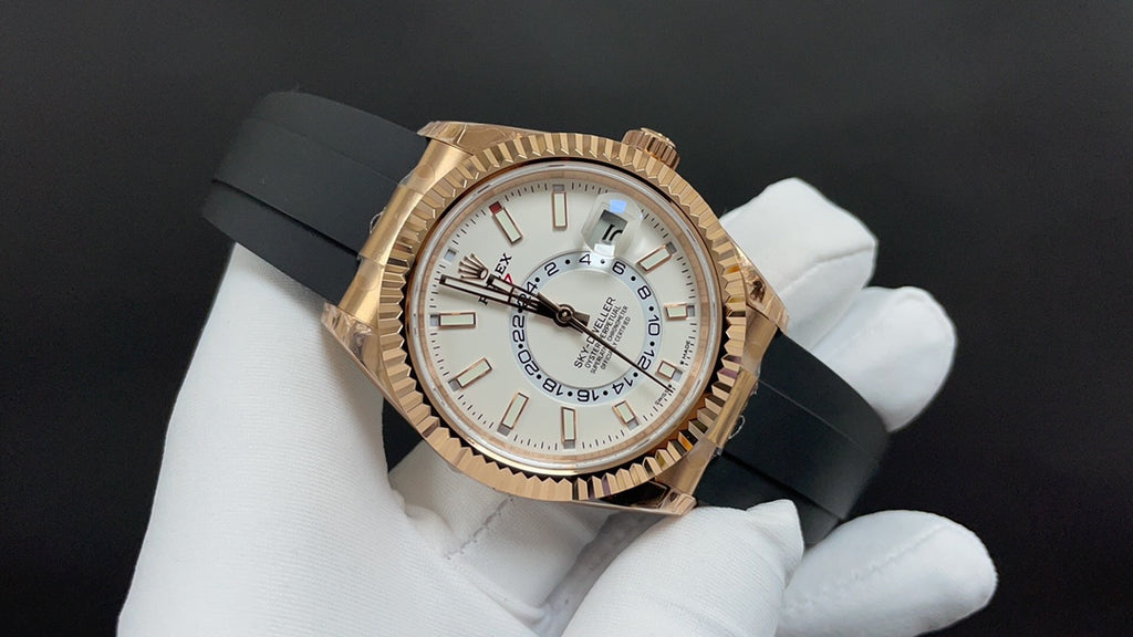 Sky-Dweller rose goud met zwarte Oysterflex-band