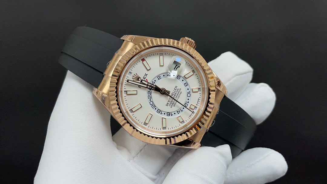 Sky-Dweller rose goud met zwarte Oysterflex-band