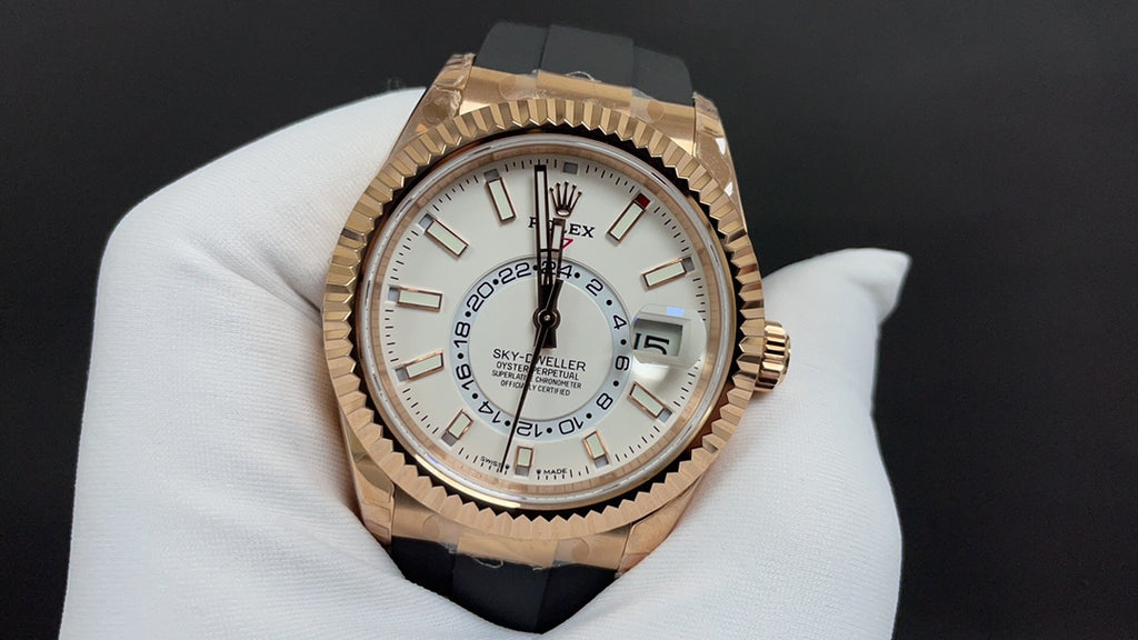 Sky-Dweller rose goud met zwarte Oysterflex-band